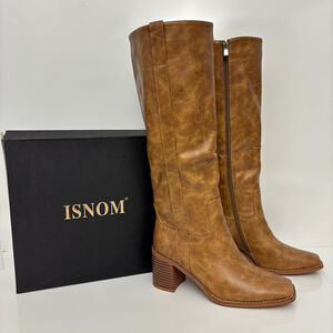 ISNOM Brown Square Toe Knee High Riding Boots Side Zip Chunky Heel US 7
